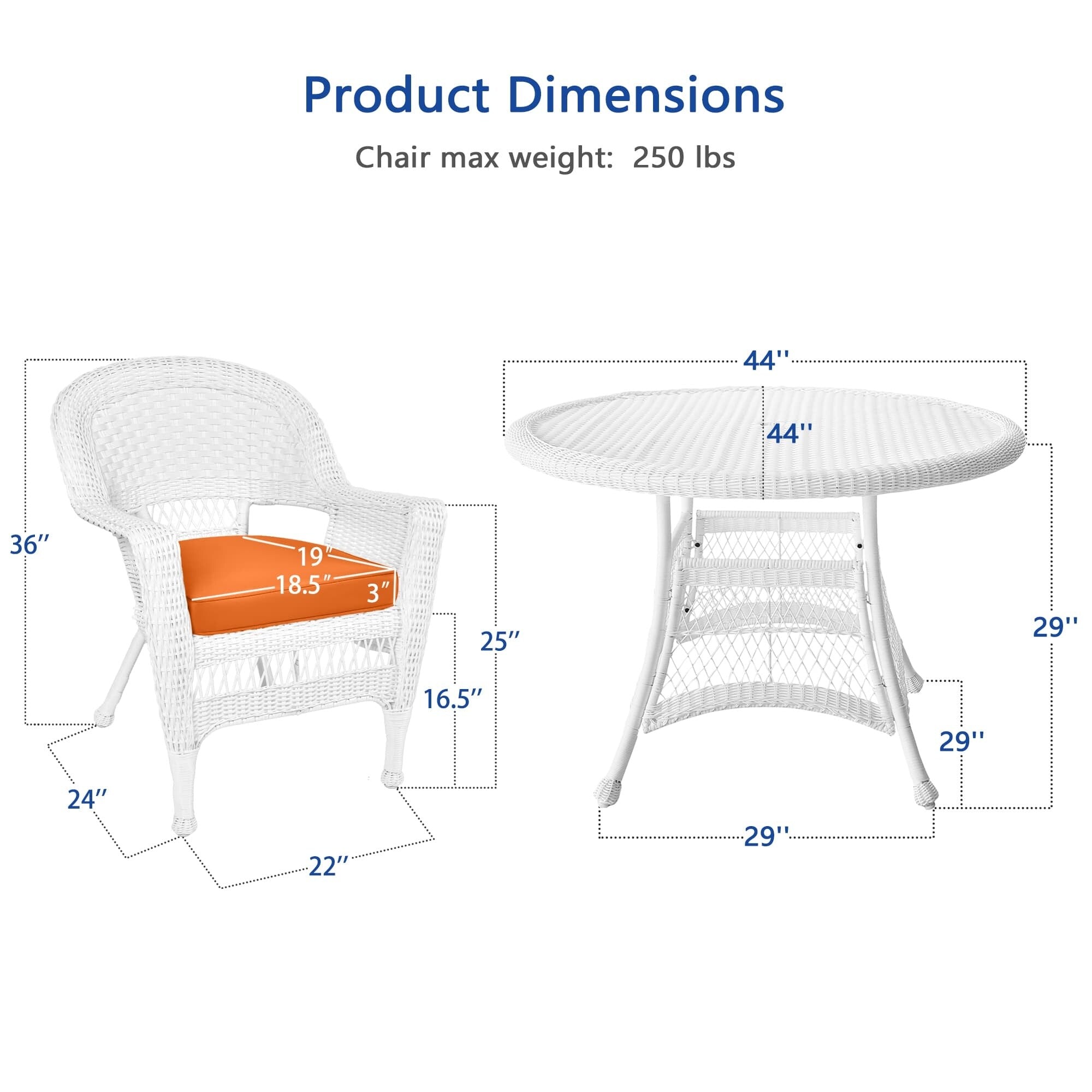 Set da pranzo in vimini bianco in resina da 5 pezzi