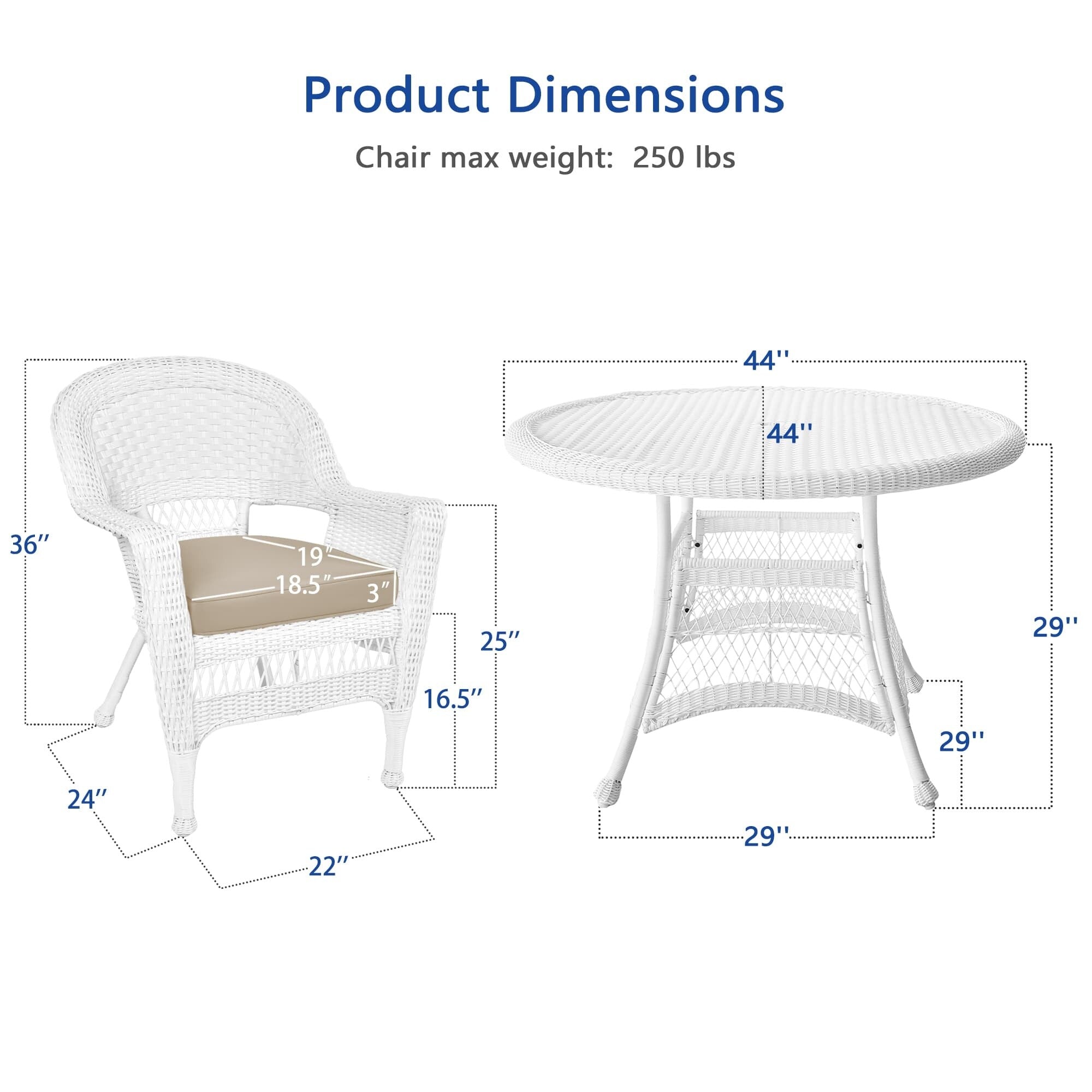 Set da pranzo in vimini bianco in resina da 5 pezzi