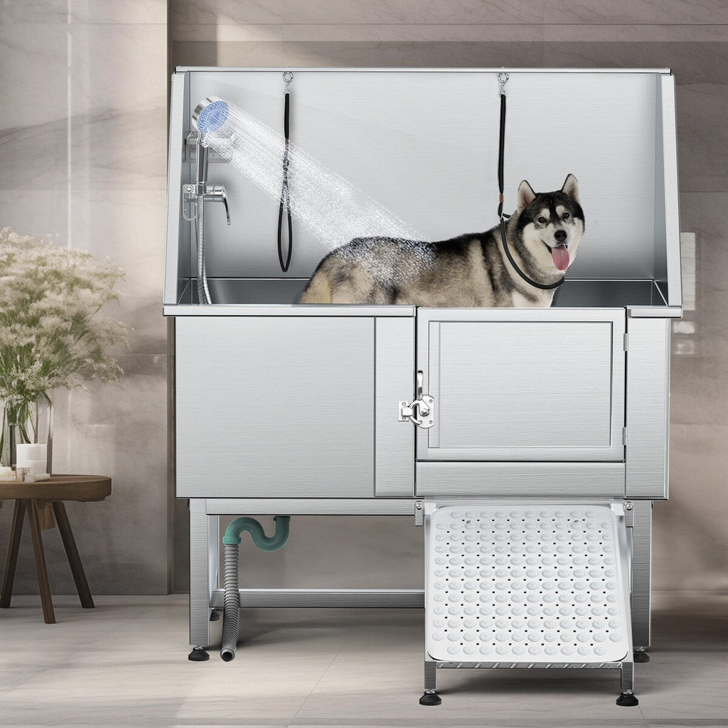 Vasca per toelettatura regolabile in acciaio inossidabile da 50'' con rampa - Argento