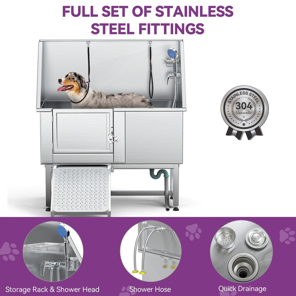 Vasca per toelettatura regolabile in acciaio inossidabile da 50'' con rampa a gradini