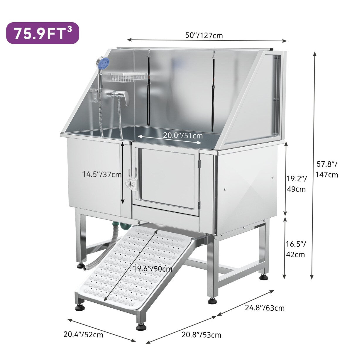 Vasca per toelettatura regolabile in acciaio inossidabile da 50'' con rampa a gradini