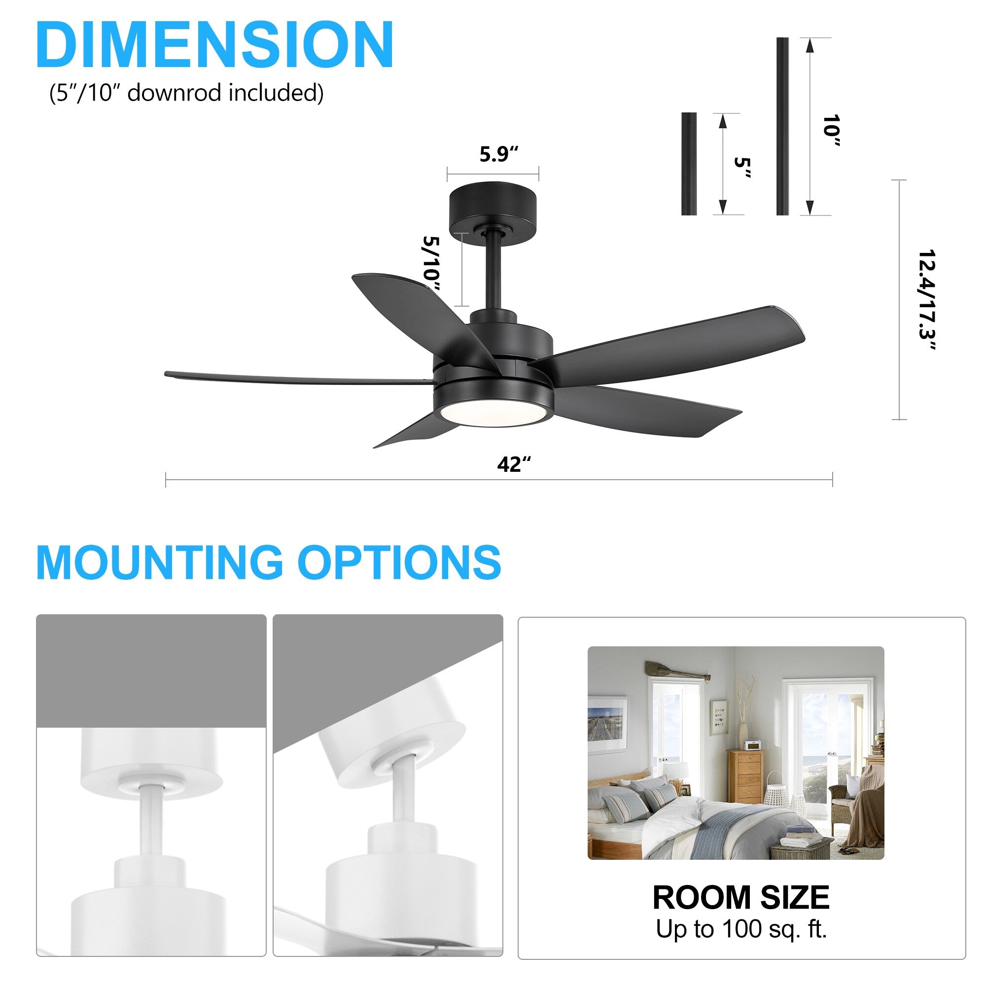 Ventilatore da soffitto a LED Breezary 65/52/42 a 5 pale con kit luci e telecomando