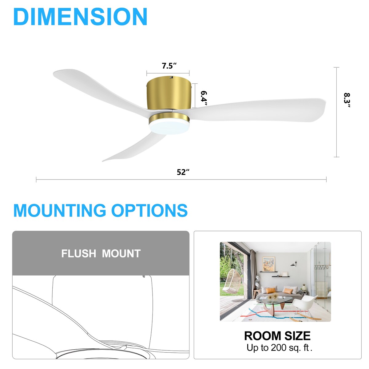 Ventilatore da soffitto a LED da 52 pollici nero/bianco con telecomando (3 pale)