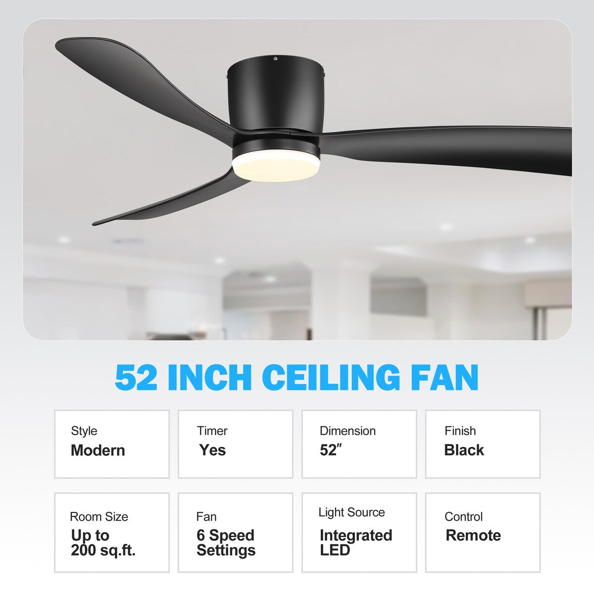 Ventilatore da soffitto a LED da 52 pollici nero/bianco con telecomando (3 pale)
