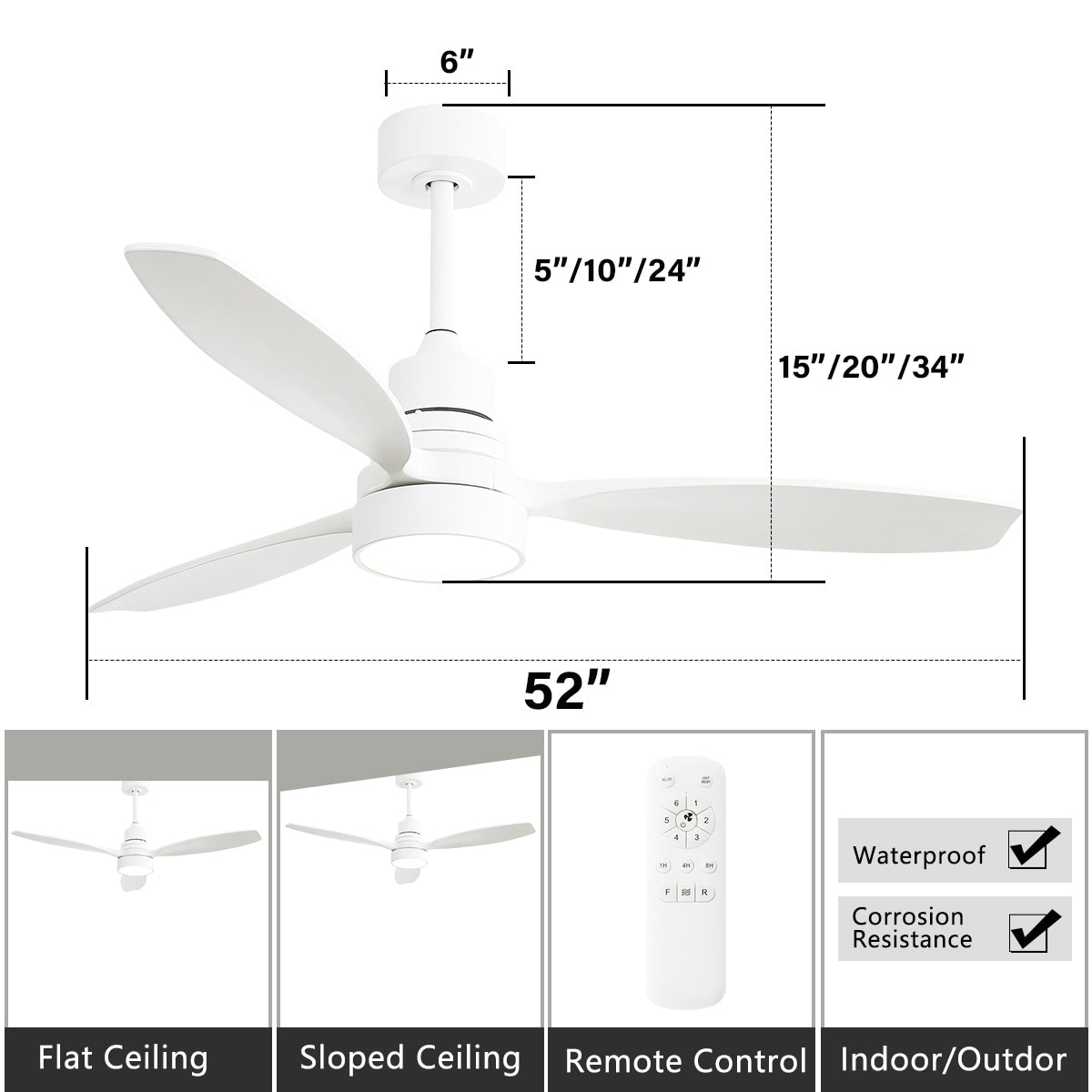 Ventilatore da soffitto a LED integrato da 48 e 52 pollici con luce e telecomando, motore CC reversibile