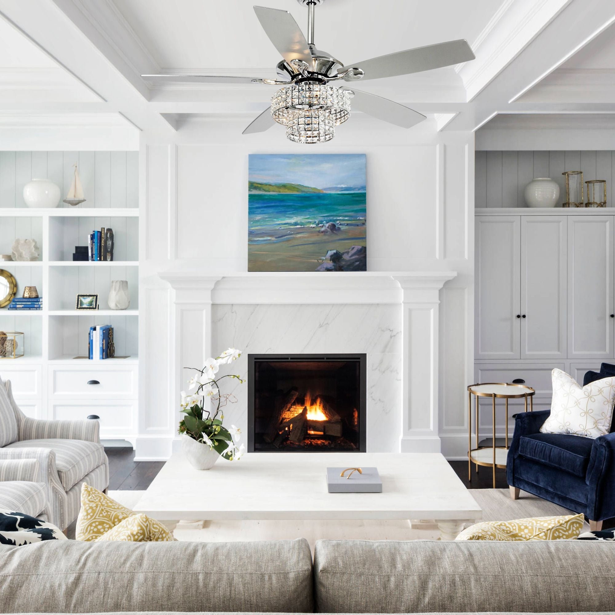 Ventilatore da soffitto moderno in cristallo cromato da 52 pollici con 5 pale in legno e telecomando