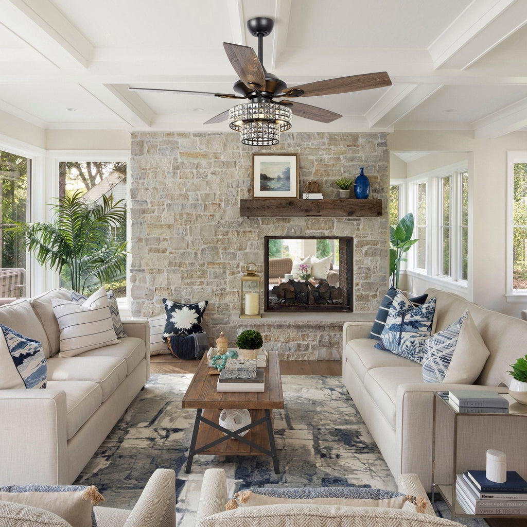 Ventilatore da soffitto moderno in cristallo cromato da 52 pollici con 5 pale in legno e telecomando