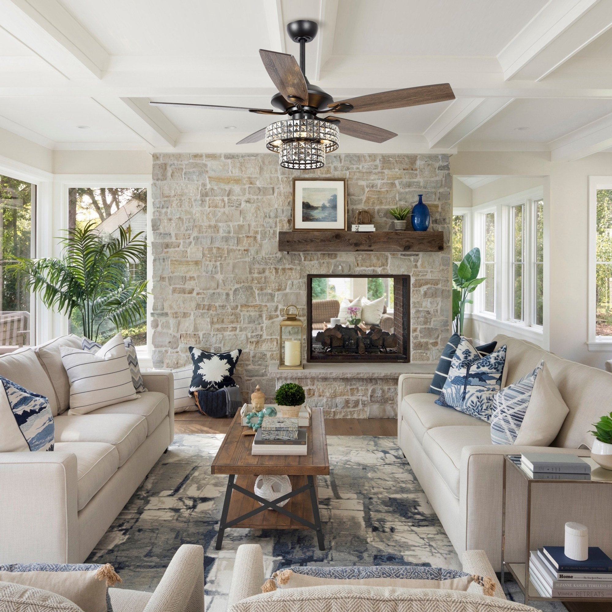 Ventilatore da soffitto moderno in cristallo cromato da 52 pollici con 5 pale in legno e telecomando