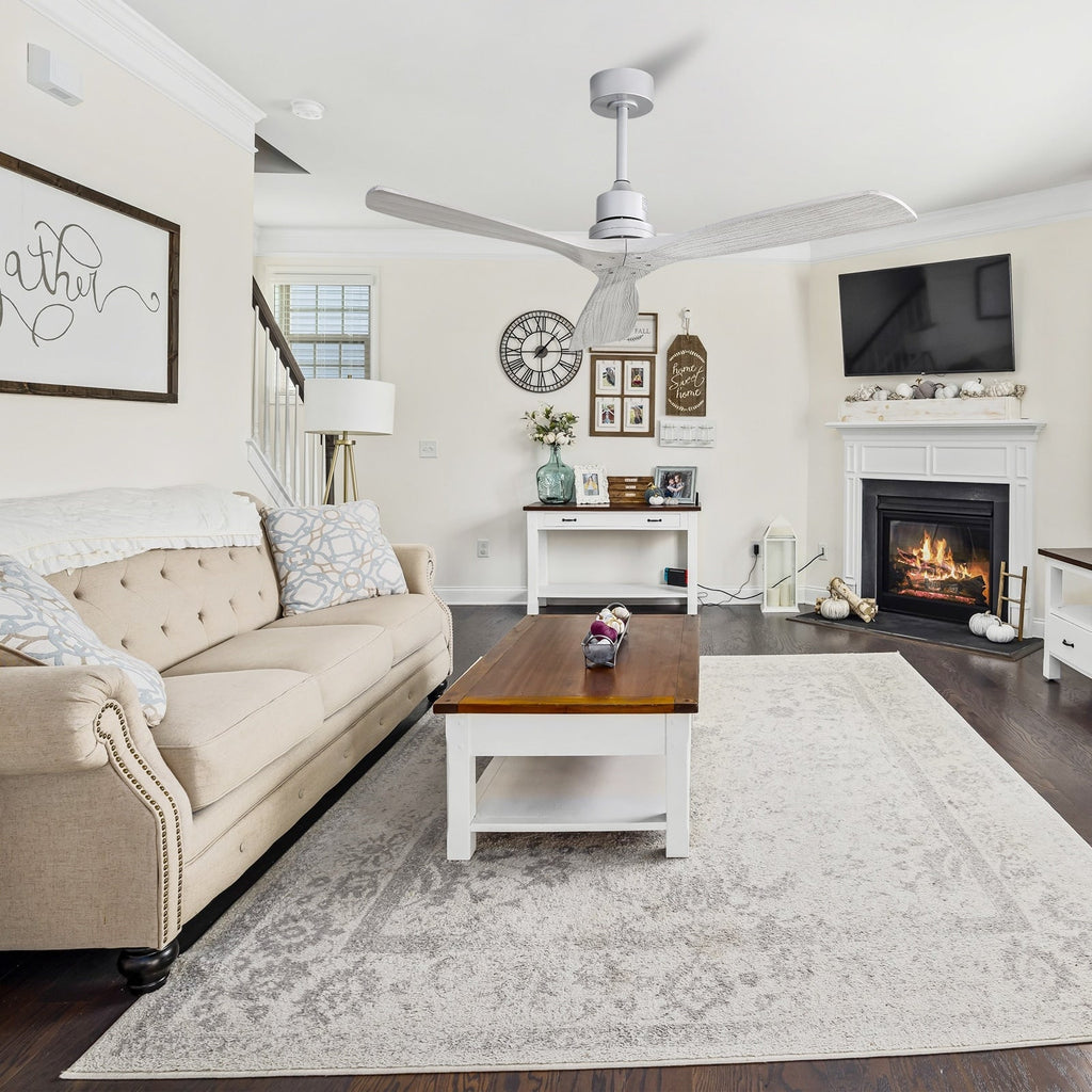 Ventilatore da soffitto moderno in legno massello/ABS da 52 pollici con telecomando (senza luce), 6 velocità del vento, flusso d'aria reversibile