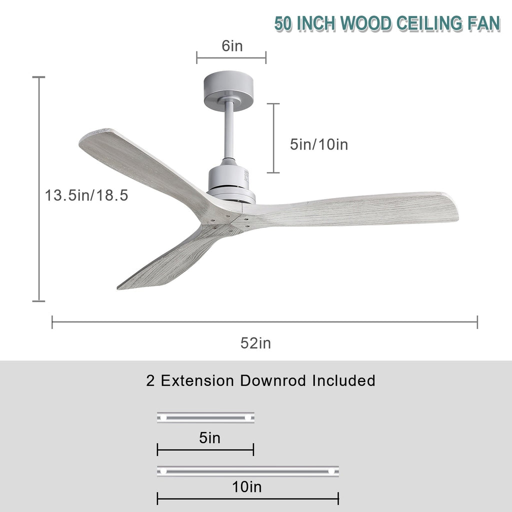 Ventilatore da soffitto moderno in legno massello/ABS da 52 pollici con telecomando (senza luce), 6 velocità del vento, flusso d'aria reversibile