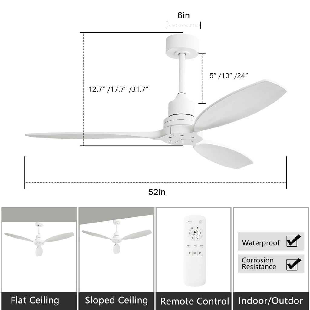 Ventilatore da soffitto moderno in legno massello/ABS da 52 pollici con telecomando (senza luce), 6 velocità del vento, flusso d'aria reversibile