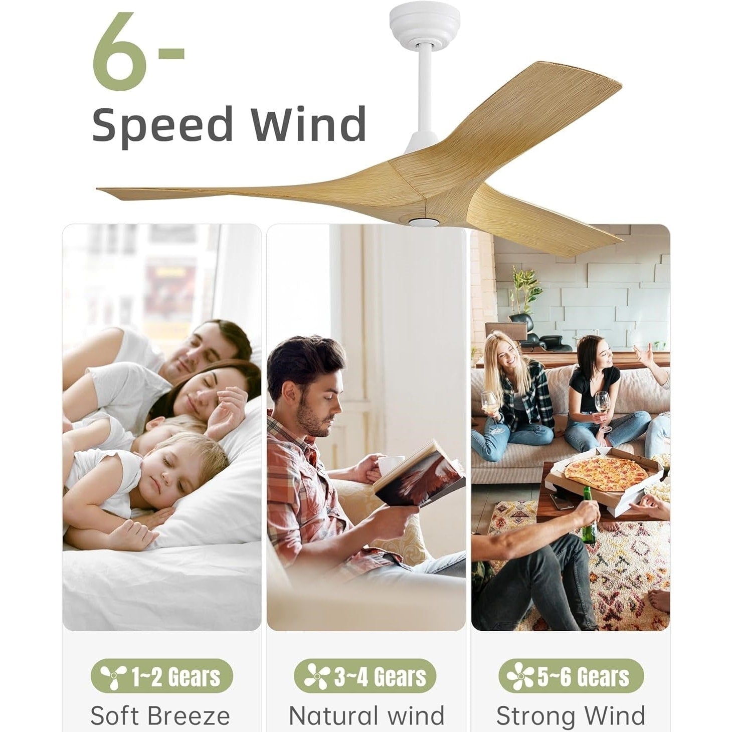 Ventilatore da soffitto moderno in legno massello/ABS da 52 pollici con telecomando (senza luce), 6 velocità del vento, flusso d'aria reversibile