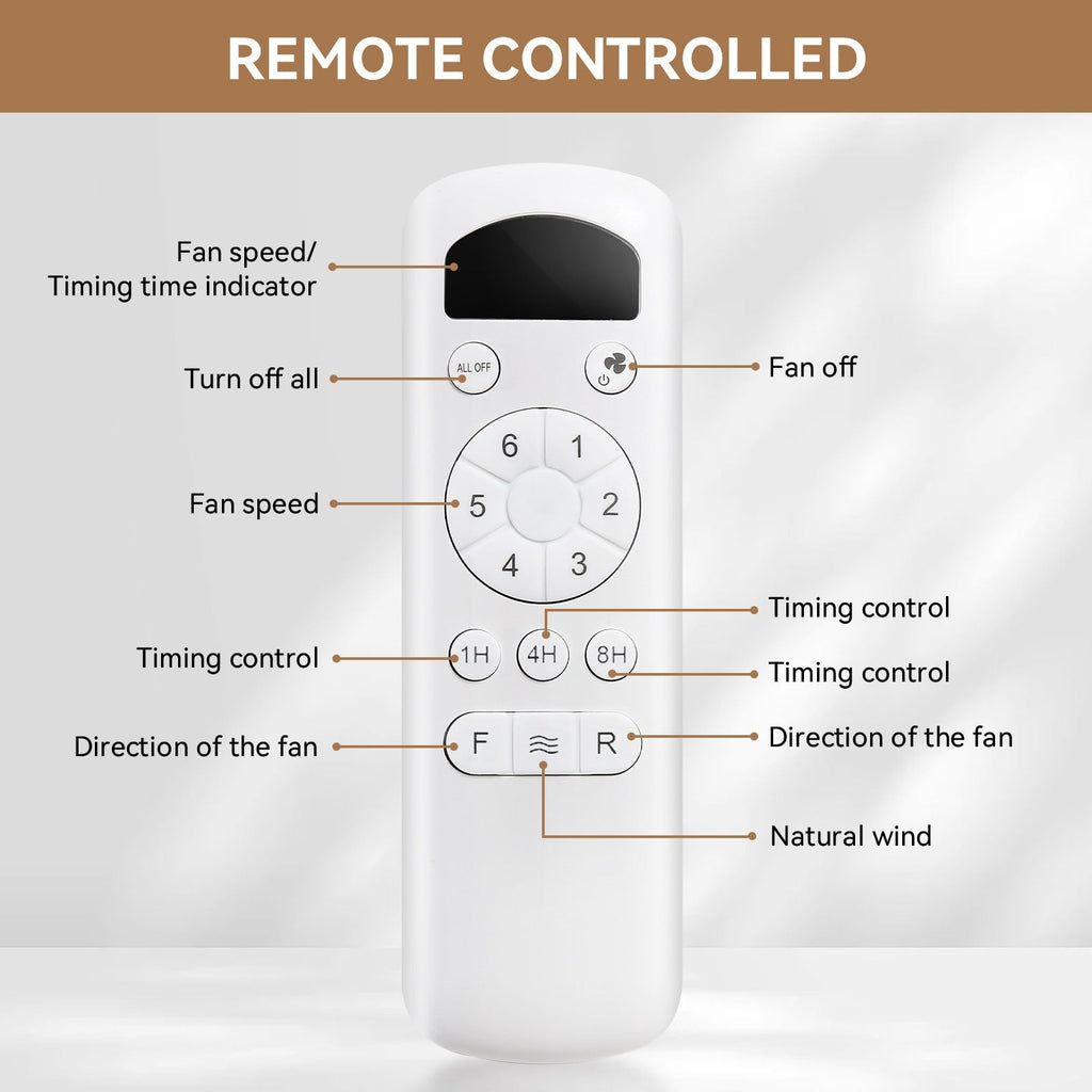 Ventilatore da soffitto moderno in legno massello/ABS da 52 pollici con telecomando (senza luce), 6 velocità del vento, flusso d'aria reversibile