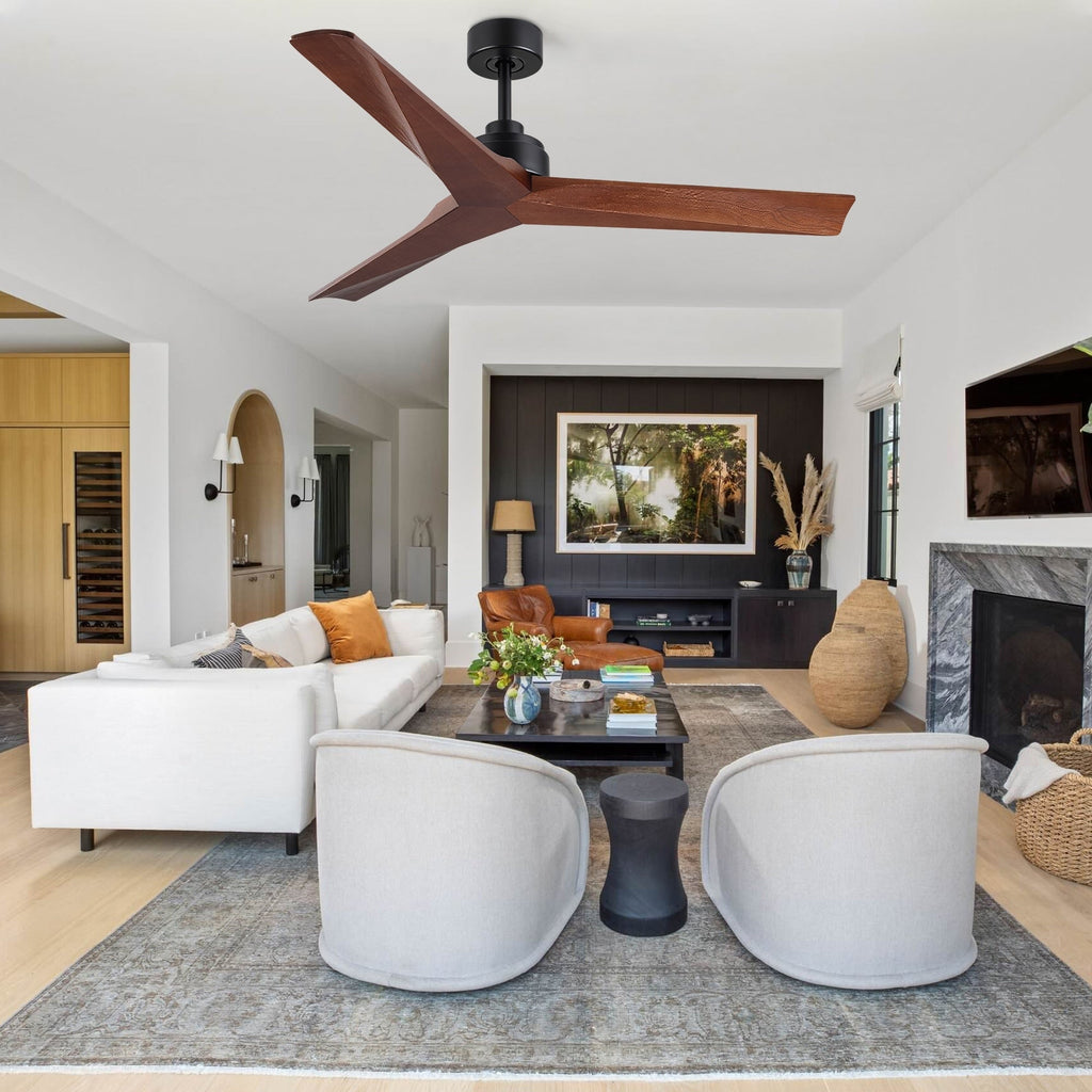 Ventilatore da soffitto moderno in legno massello/ABS da 52 pollici con telecomando (senza luce), 6 velocità del vento, flusso d'aria reversibile