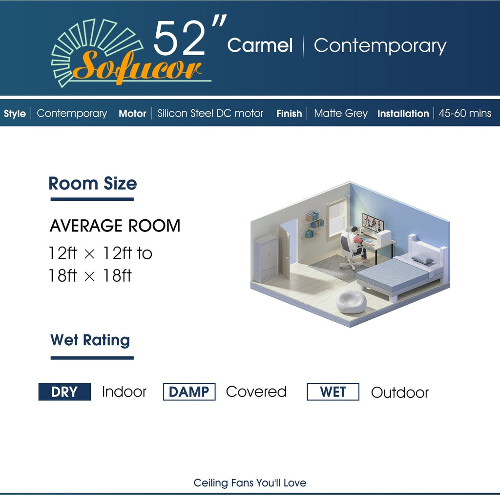 Ventilatore da soffitto moderno in legno massello/ABS da 52 pollici con telecomando (senza luce), 6 velocità del vento, flusso d'aria reversibile