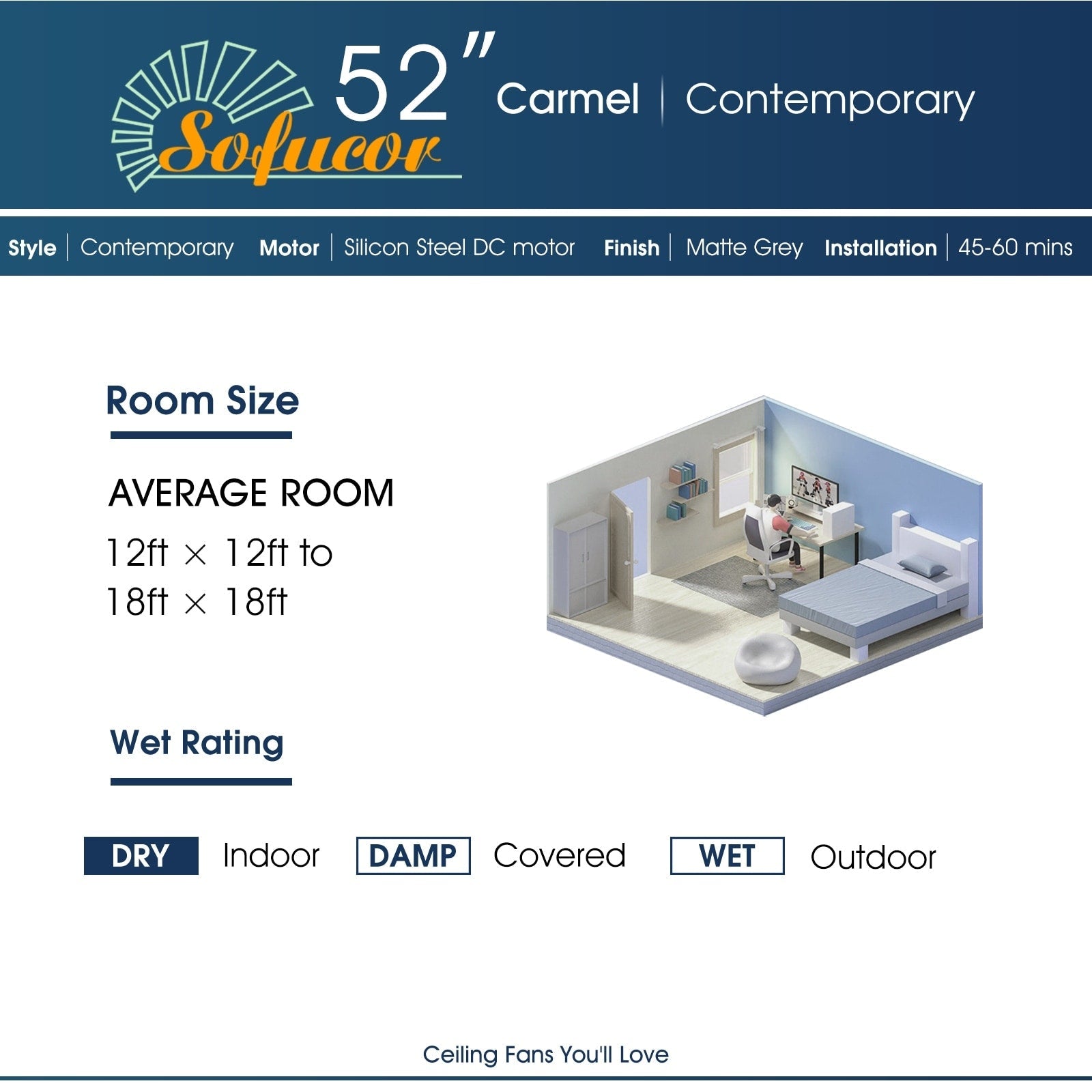 Ventilatore da soffitto moderno in legno massello/ABS da 52 pollici con telecomando (senza luce), 6 velocità del vento, flusso d'aria reversibile