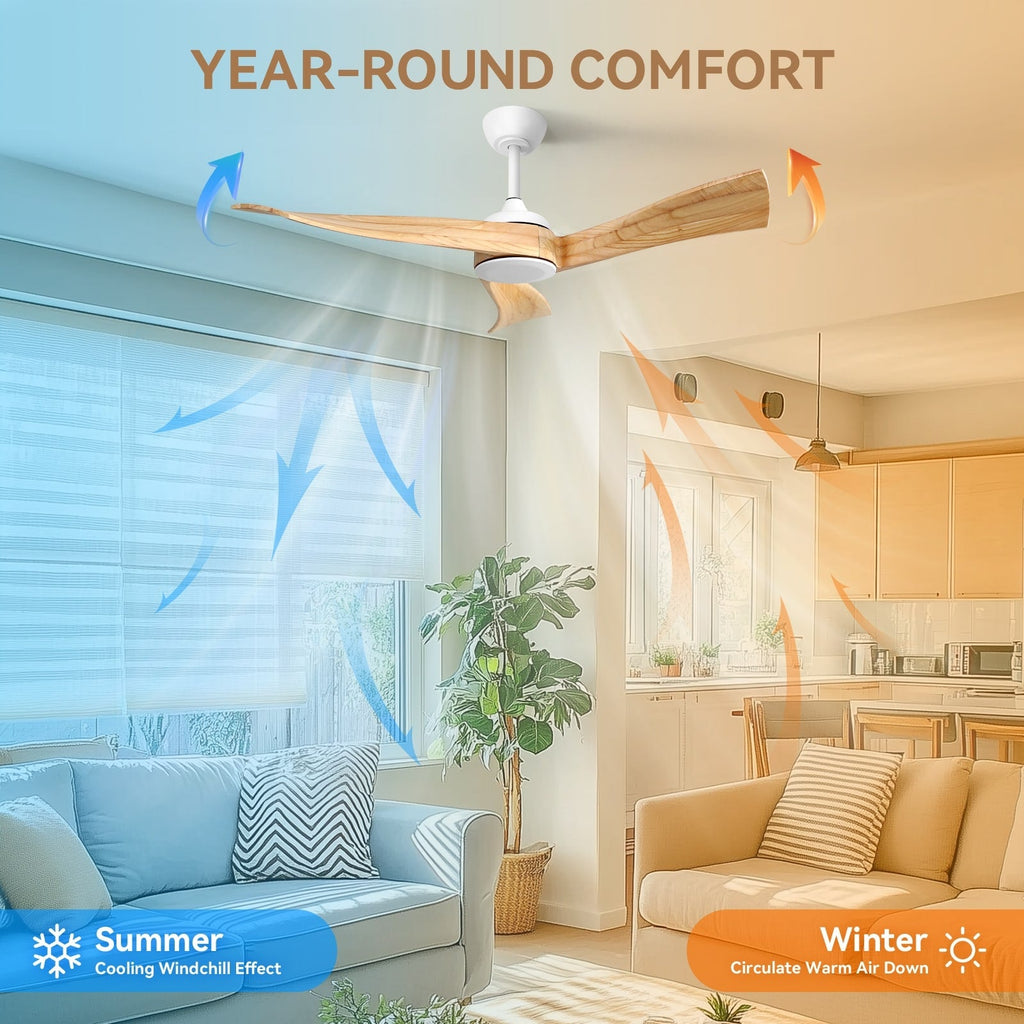 Ventilatore da soffitto moderno in legno massello/ABS da 52 pollici con telecomando (senza luce), 6 velocità del vento, flusso d'aria reversibile