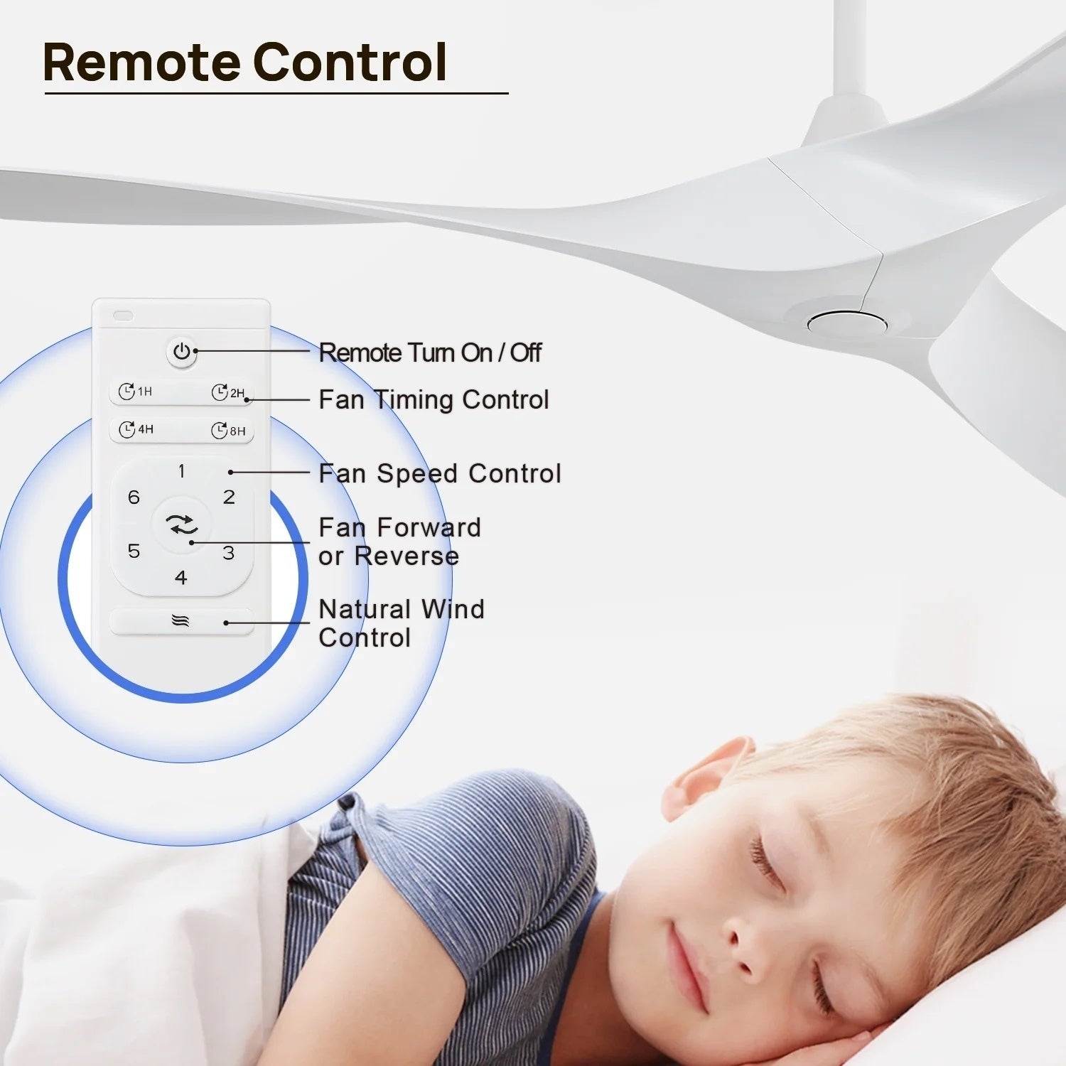 Ventilatore da soffitto moderno in legno massello/ABS da 52 pollici con telecomando (senza luce), 6 velocità del vento, flusso d'aria reversibile
