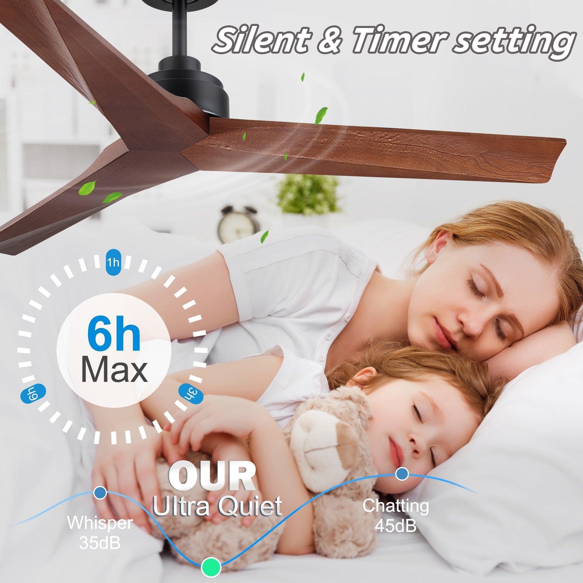 Ventilatore da soffitto moderno in legno massello/ABS da 52 pollici con telecomando (senza luce), 6 velocità del vento, flusso d'aria reversibile