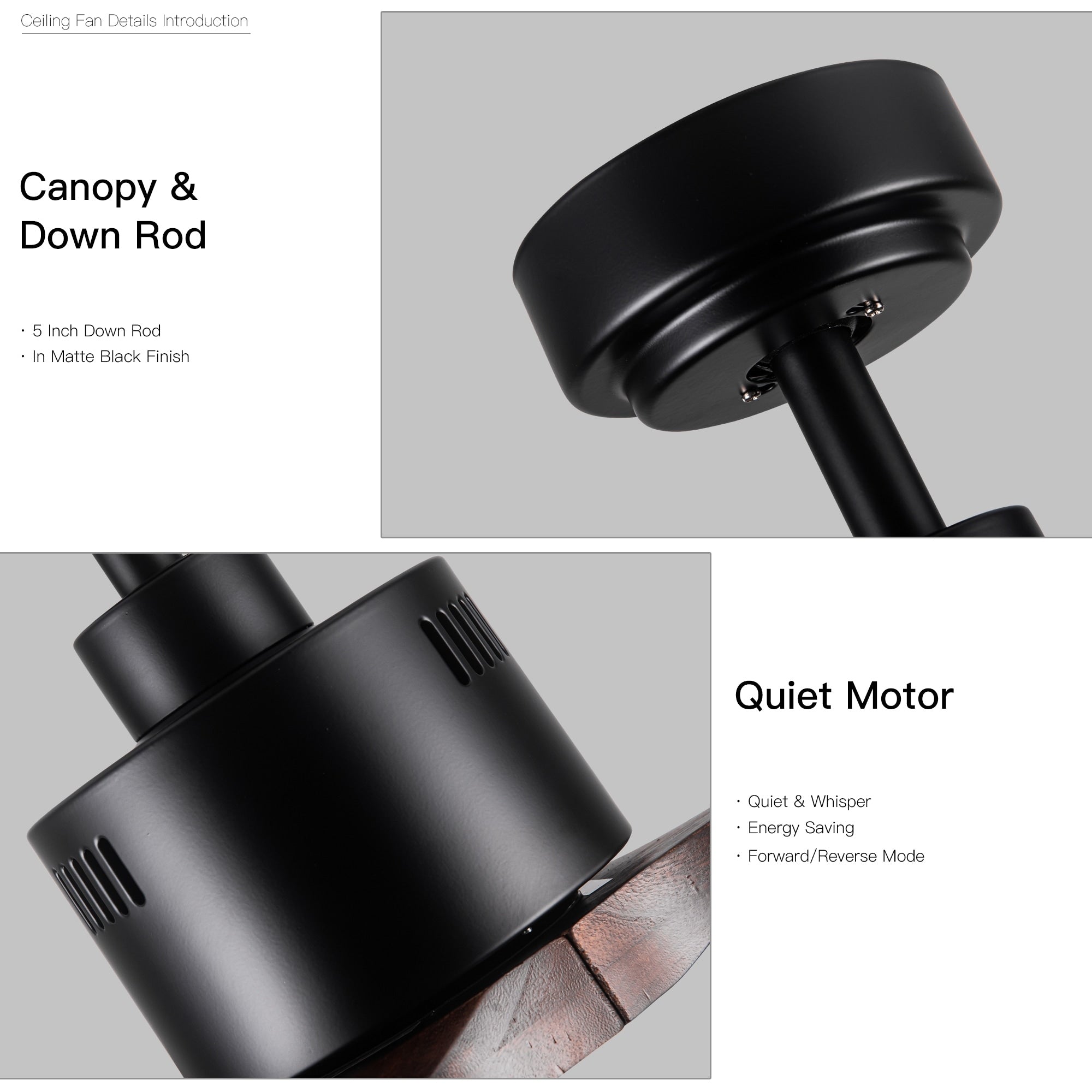 Ventilatore da soffitto moderno in legno massello/ABS da 52 pollici con telecomando (senza luce), 6 velocità del vento, flusso d'aria reversibile