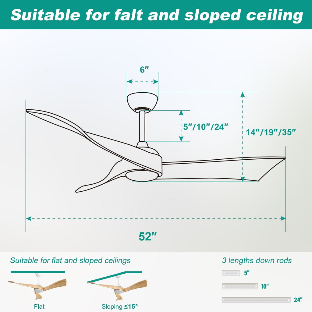 Ventilatore da soffitto moderno in legno massello/ABS da 52 pollici con telecomando (senza luce), 6 velocità del vento, flusso d'aria reversibile