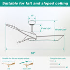 Ventilatore da soffitto moderno in legno massello/ABS da 52 pollici con telecomando (senza luce), 6 velocità del vento, flusso d'aria reversibile