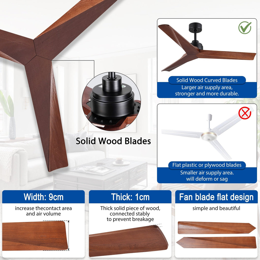 Ventilatore da soffitto moderno in legno massello/ABS da 52 pollici con telecomando (senza luce), 6 velocità del vento, flusso d'aria reversibile