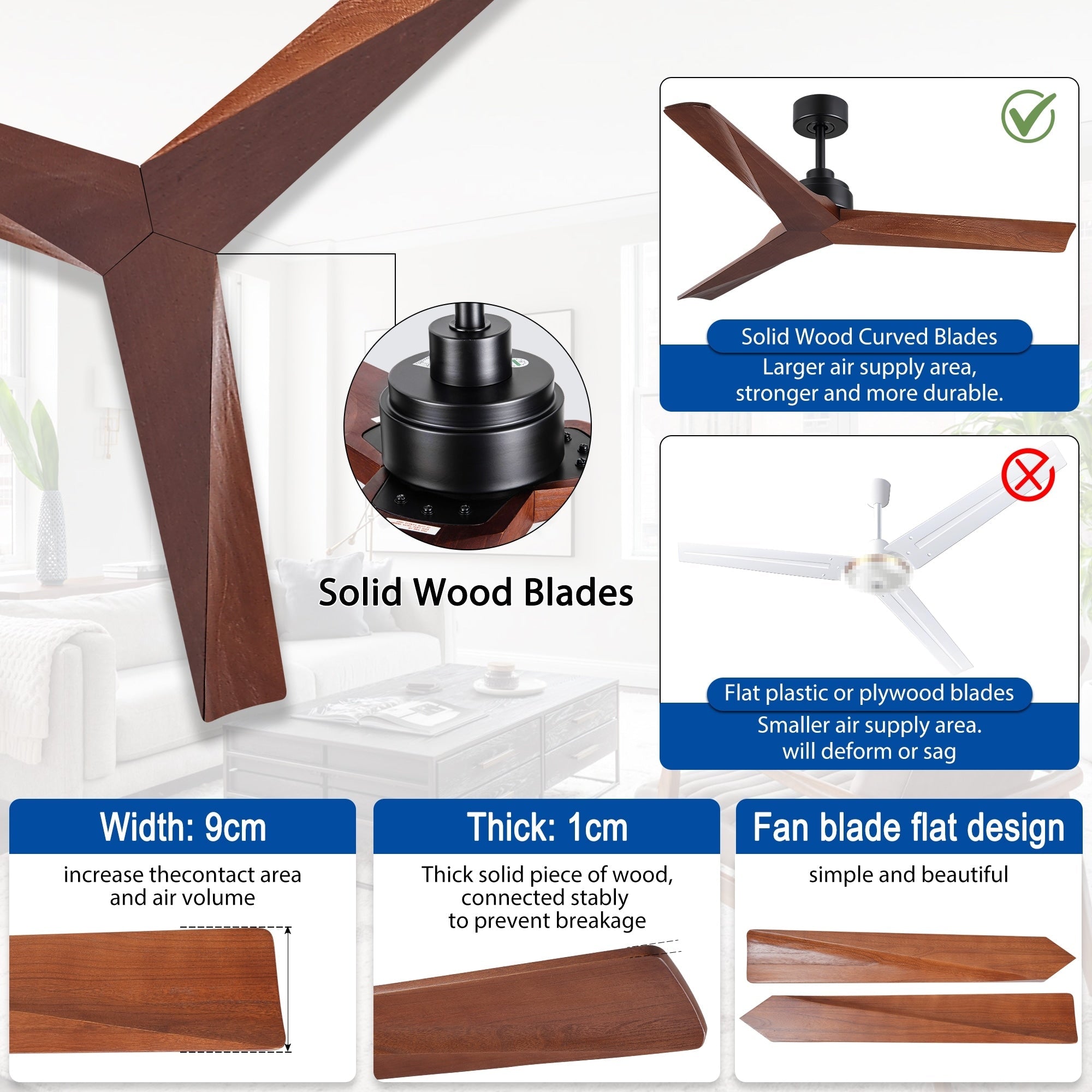 Ventilatore da soffitto moderno in legno massello/ABS da 52 pollici con telecomando (senza luce), 6 velocità del vento, flusso d'aria reversibile