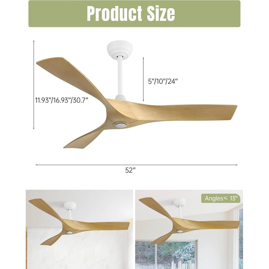 Ventilatore da soffitto moderno in legno massello/ABS da 52 pollici con telecomando (senza luce), 6 velocità del vento, flusso d'aria reversibile