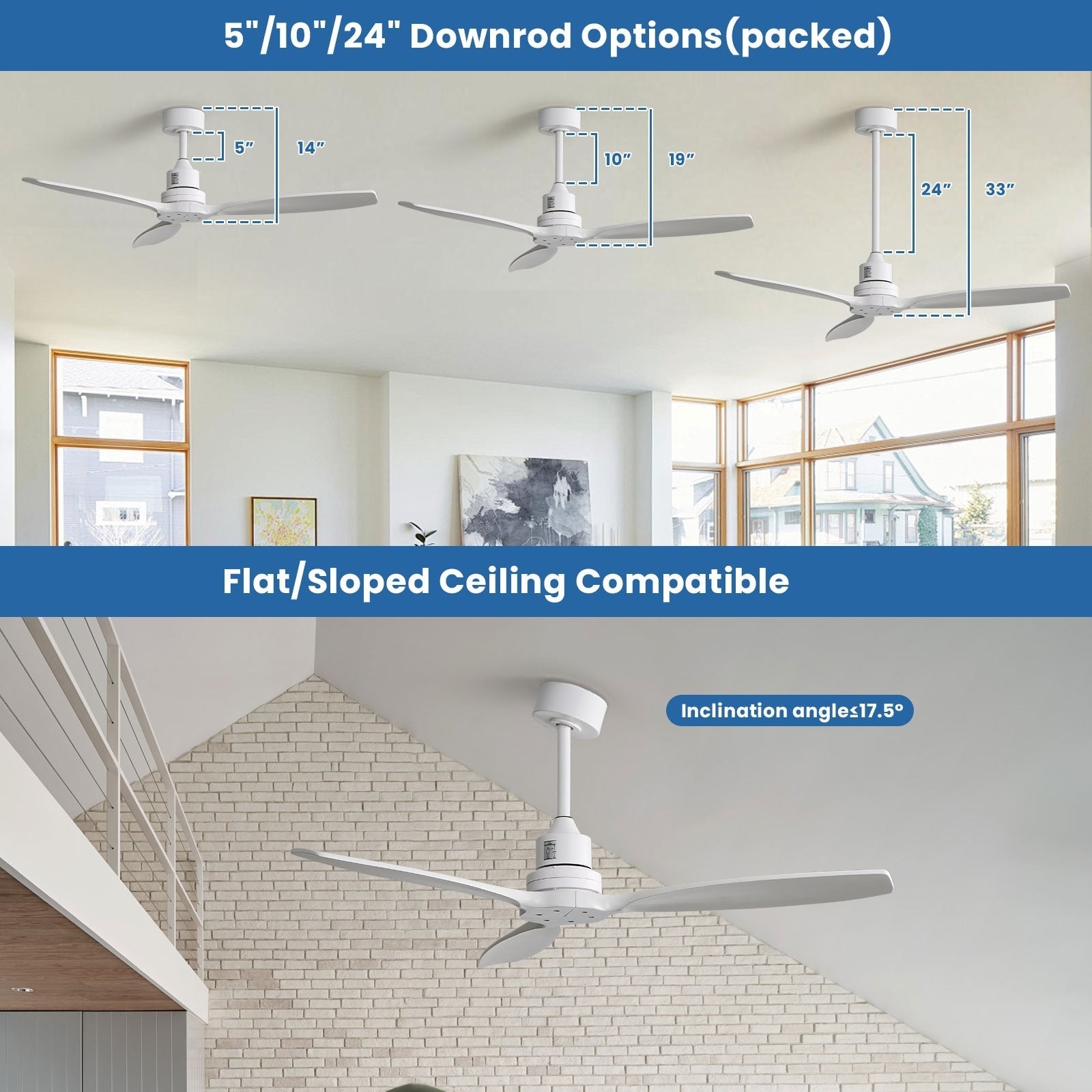 Ventilatore da soffitto moderno in legno massello/ABS da 52 pollici con telecomando (senza luce), 6 velocità del vento, flusso d'aria reversibile