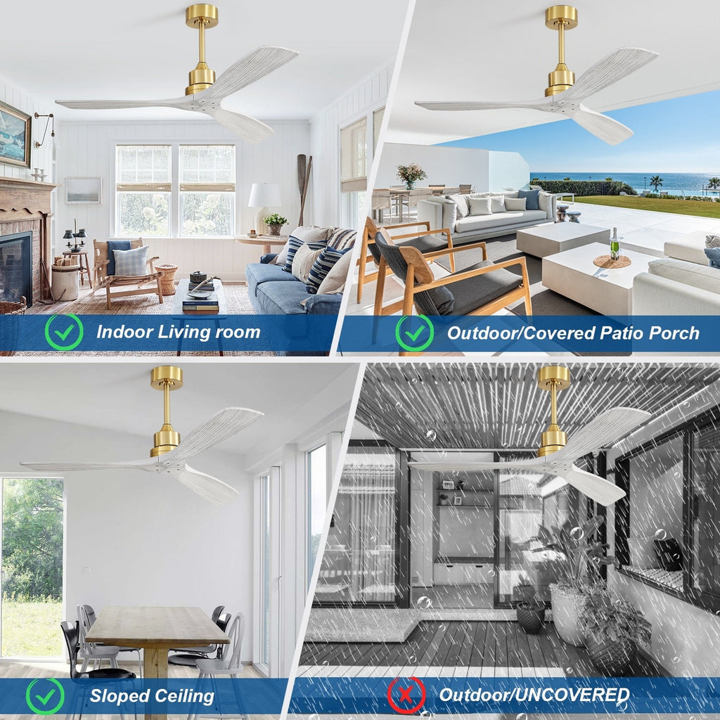 Ventilatore da soffitto moderno in legno massello/ABS da 52 pollici con telecomando (senza luce), 6 velocità del vento, flusso d'aria reversibile