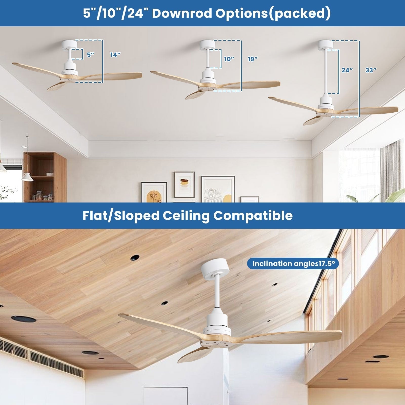 Ventilatore da soffitto moderno in legno massello/ABS da 52 pollici con telecomando (senza luce), 6 velocità del vento, flusso d'aria reversibile