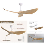 Ventilatore da soffitto moderno in legno massello/ABS da 52 pollici con telecomando (senza luce), 6 velocità del vento, flusso d'aria reversibile