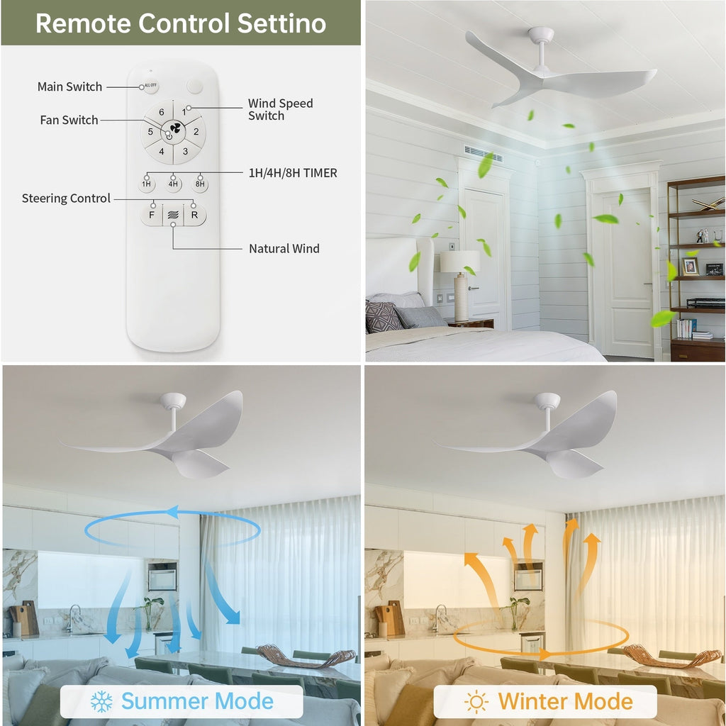 Ventilatore da soffitto moderno in legno massello/ABS da 52 pollici con telecomando (senza luce), 6 velocità del vento, flusso d'aria reversibile