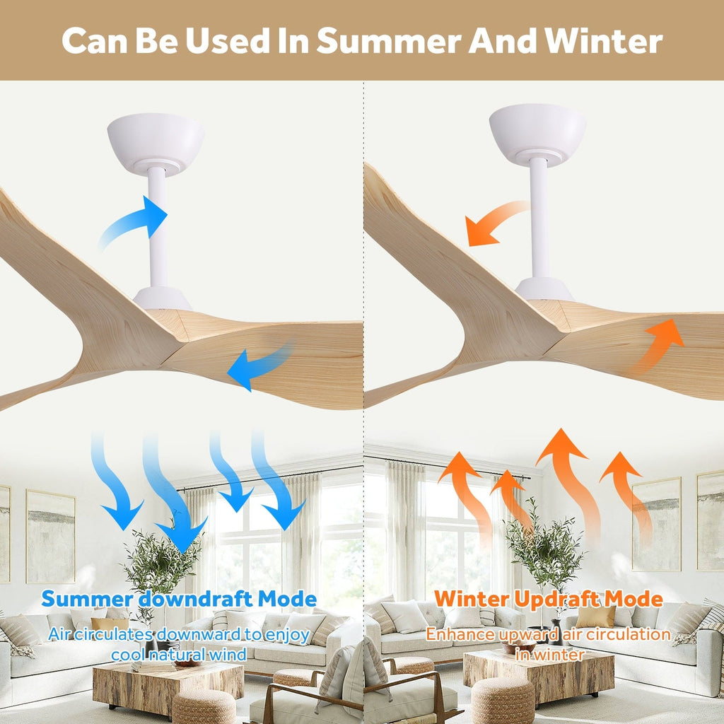 Ventilatore da soffitto moderno in legno massello/ABS da 52 pollici con telecomando (senza luce), 6 velocità del vento, flusso d'aria reversibile