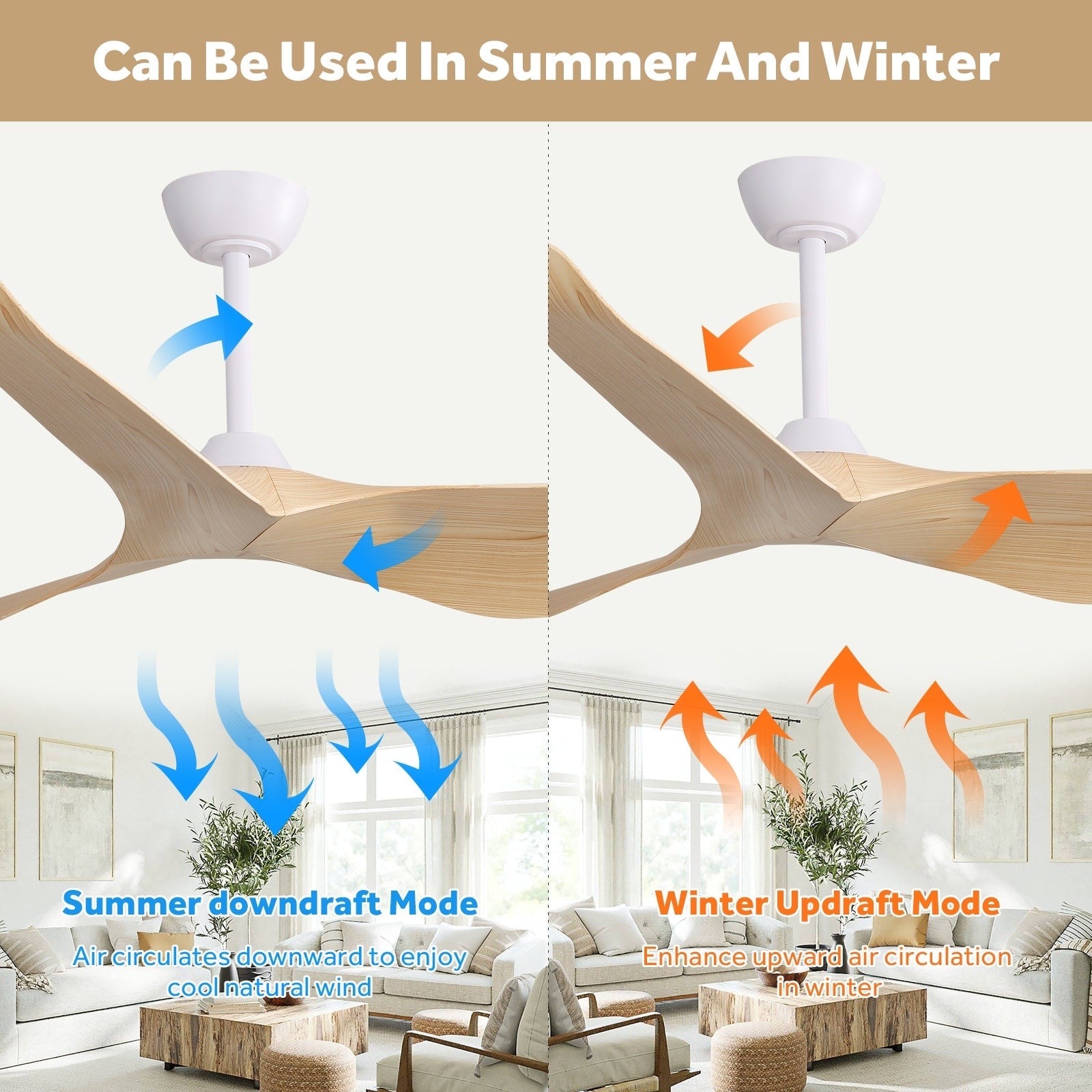 Ventilatore da soffitto moderno in legno massello/ABS da 52 pollici con telecomando (senza luce), 6 velocità del vento, flusso d'aria reversibile