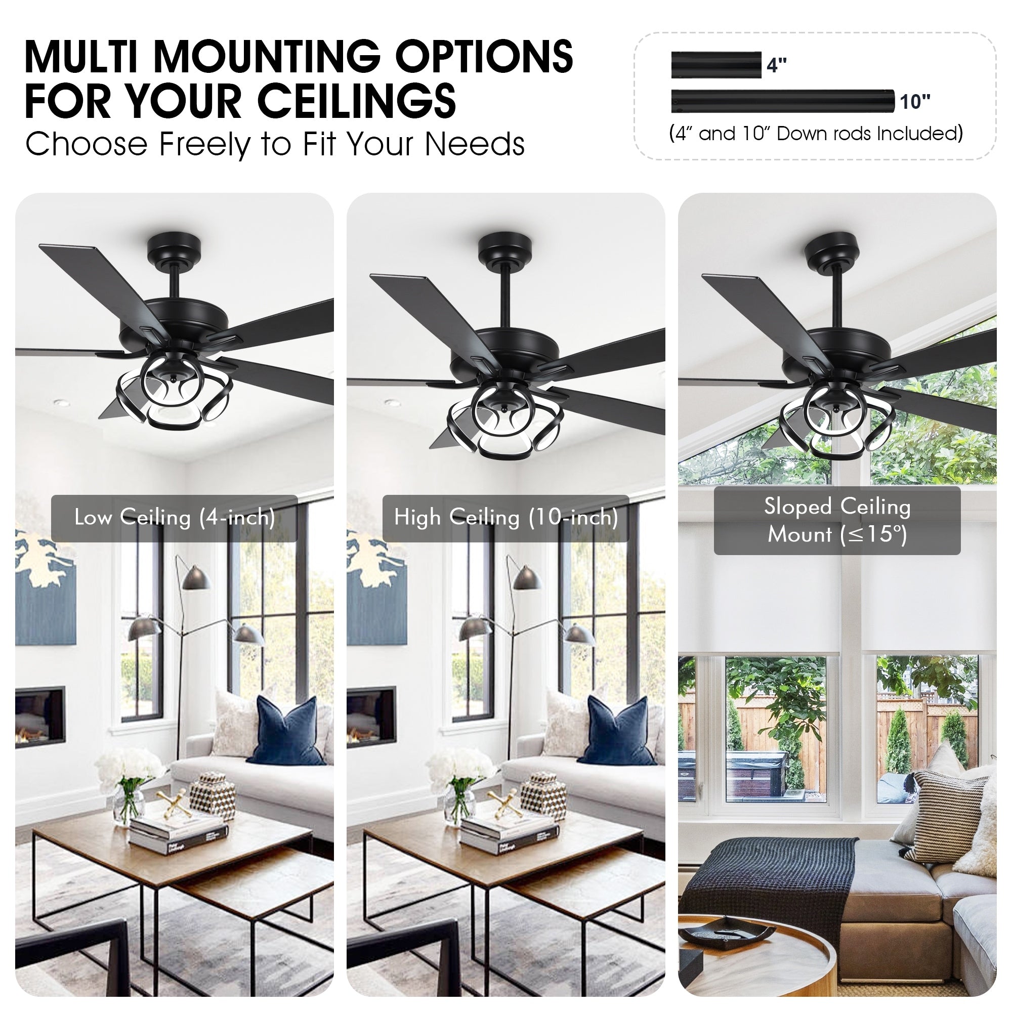 Ventilatore da soffitto moderno a LED dimmerabile da interno cromato/nero da 52 pollici con luce e telecomando