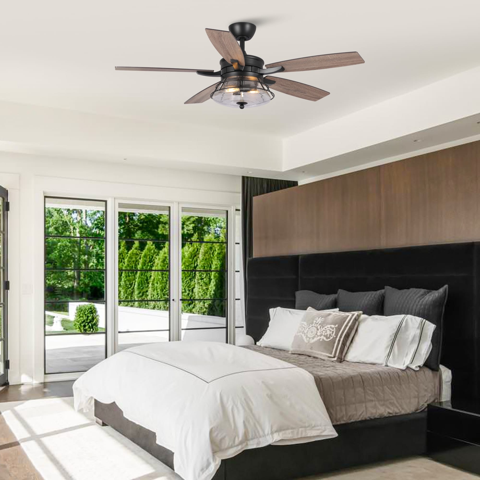 Ventilatore da soffitto decorativo industriale in vetro nero con 52 semi, con telecomando e kit luce