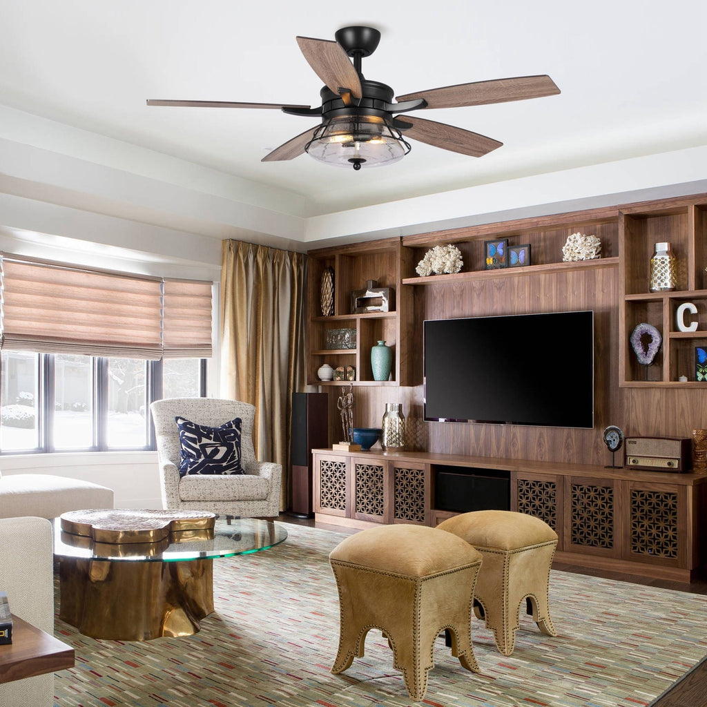 Ventilatore da soffitto decorativo industriale in vetro nero con 52 semi, con telecomando e kit luce