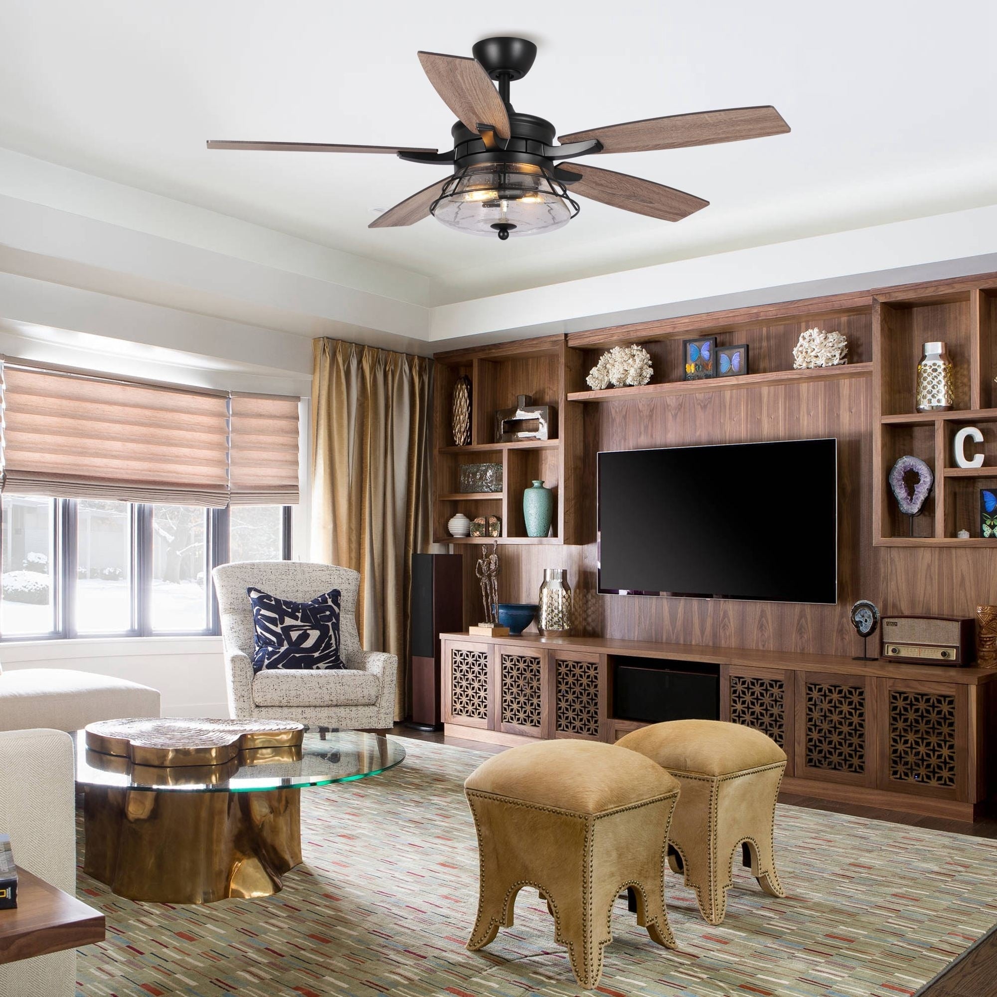 Ventilatore da soffitto decorativo industriale in vetro nero con 52 semi, con telecomando e kit luce