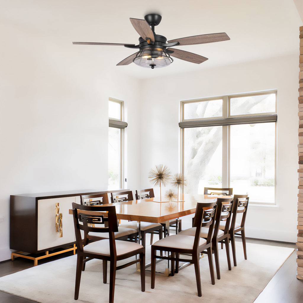 Ventilatore da soffitto decorativo industriale in vetro nero con 52 semi, con telecomando e kit luce