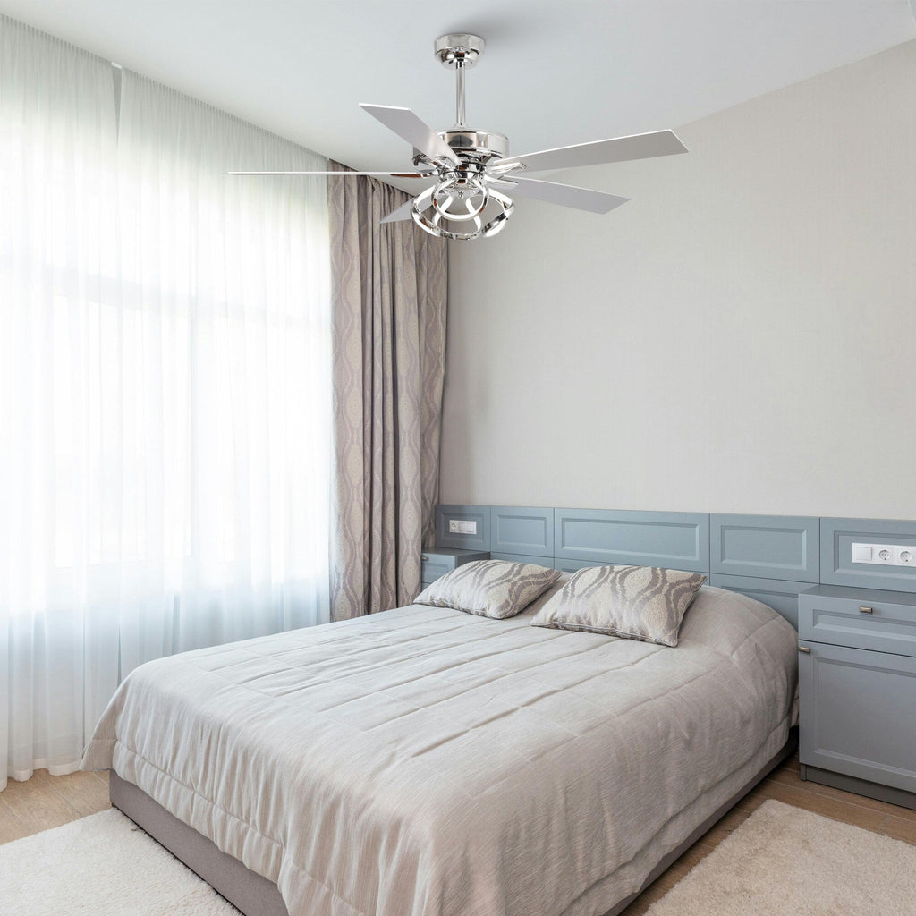 Ventilatore da soffitto moderno a LED dimmerabile da interno cromato/nero da 52 pollici con luce e telecomando