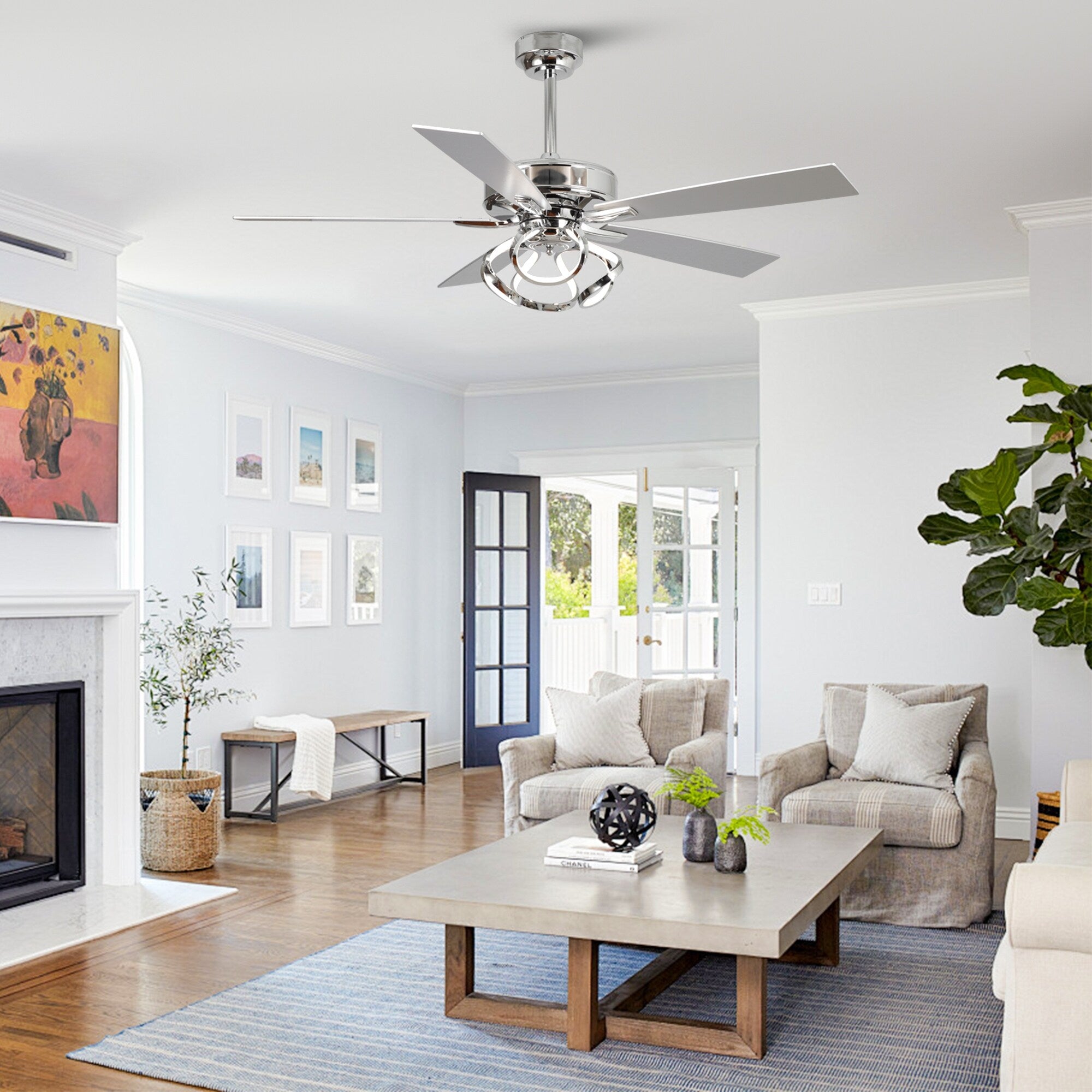 Ventilatore da soffitto moderno a LED dimmerabile da interno cromato/nero da 52 pollici con luce e telecomando