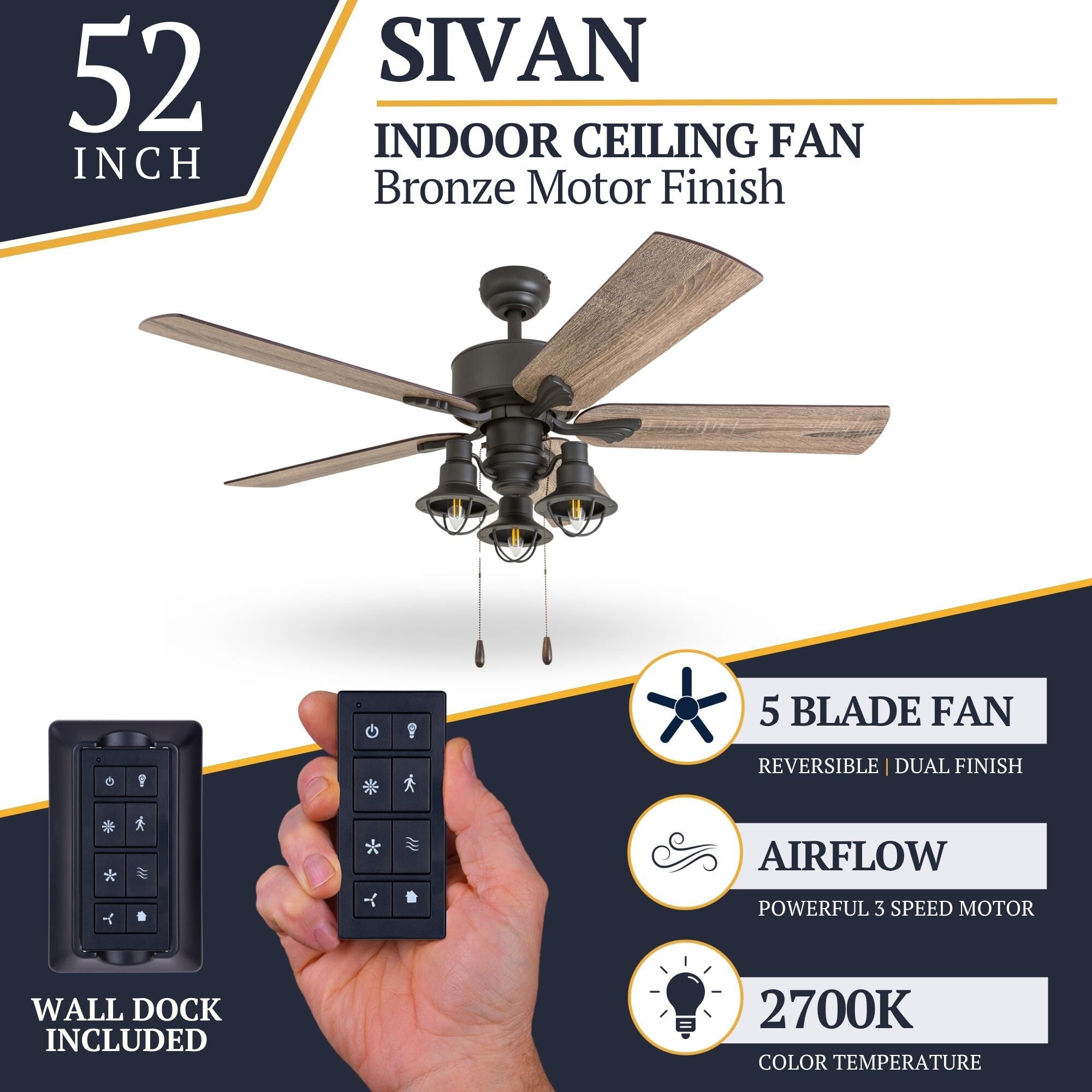 52 Prominence Home Sivan Bronze Farmhouse Ventilatore da soffitto a LED con luce, telecomando