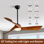 Ventilatori da soffitto in legno a 3 pale con luce LED dimmerabile e telecomando, motore CC reversibile a 6 velocità - 52 pollici