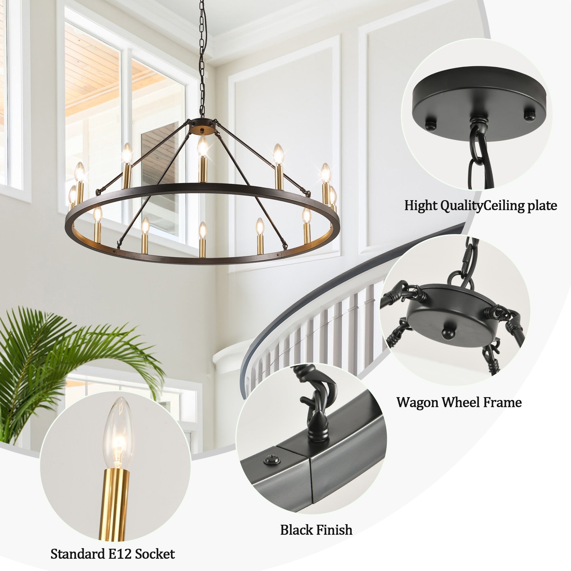 Lampadario a 24 luci con ruota di carro rotonda da 54 pollici