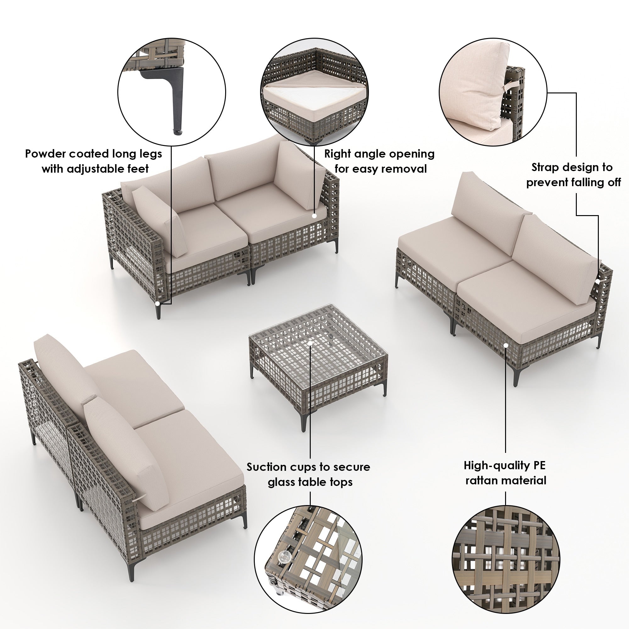 Gruppo di sedute componibili per esterni da 6 persone con cuscini