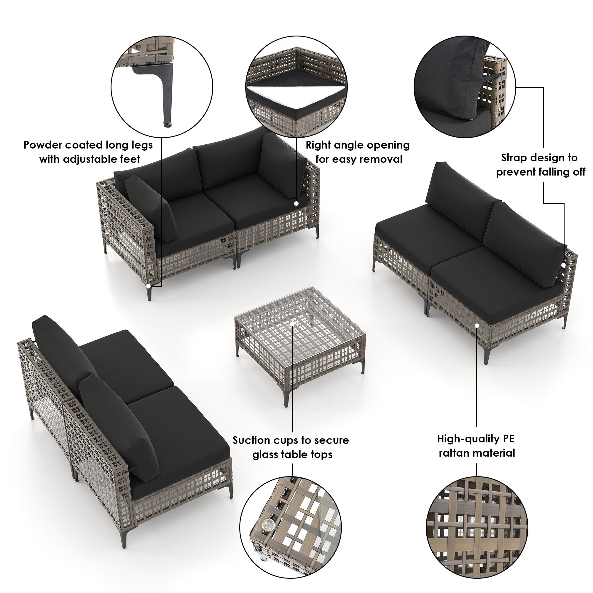 Gruppo di sedute componibili per esterni da 6 persone con cuscini