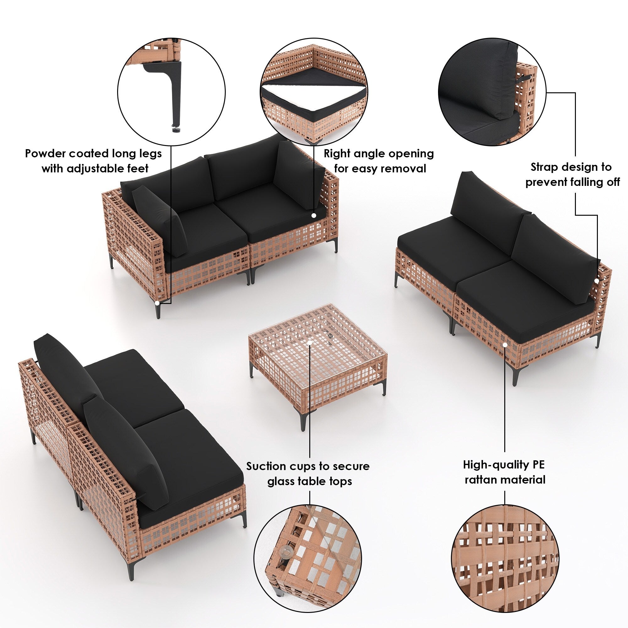 Gruppo di sedute componibili per esterni da 6 persone con cuscini