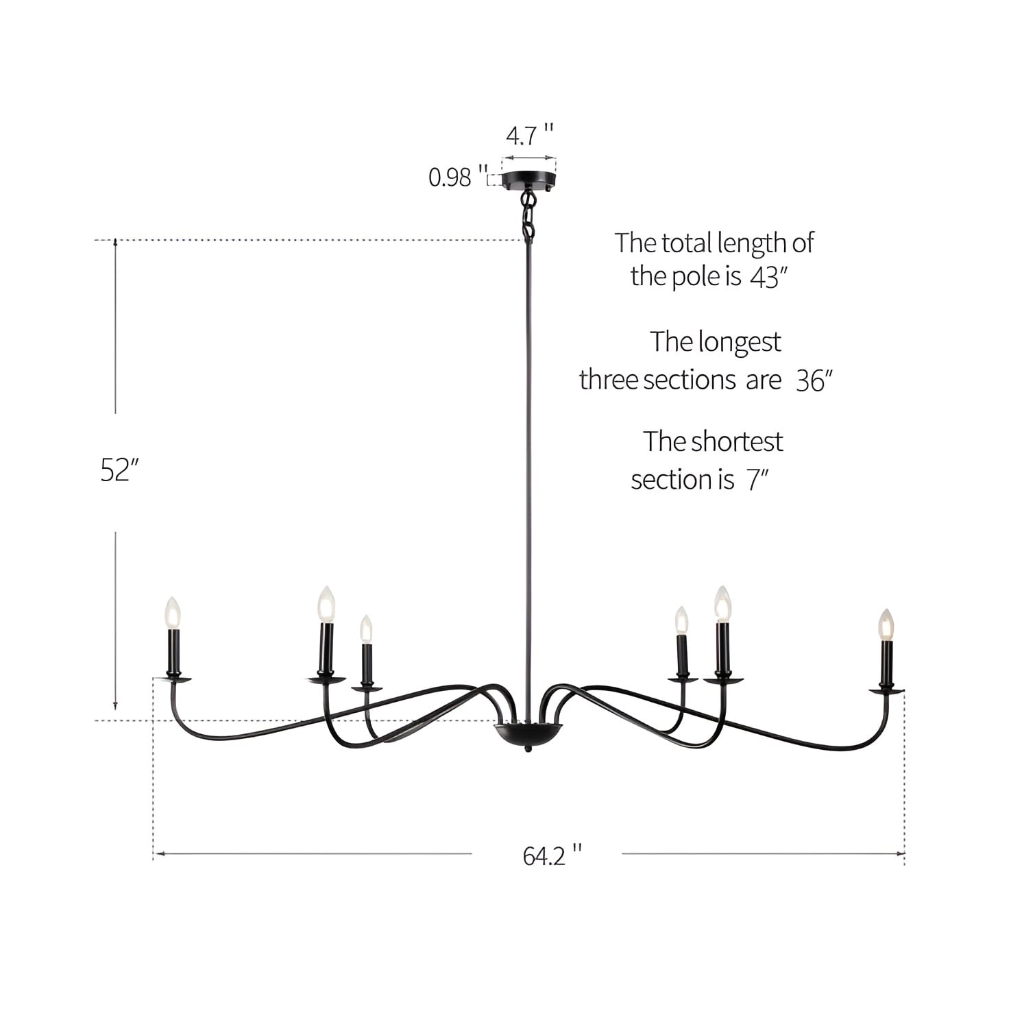 Lampadario minimalista da 64 pollici con 6 luci in nero opaco/oro/cromo - N/D